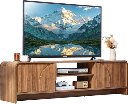 BERRYMERRY 63'' TV Stand for Up to 75" TVs,MCM TV Console Table with Big Arched Handle,Television Stands Entertainment Media Center with Sliding Door for Living Room Bedroom (Walnut)