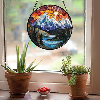 AMDERVEN Stained Glass Window Hanging - Colorful Mountain Lake Landscape Sun Catcher for Door Garden Home Decor Suncatcher Christmas Mother's Day Birthday Gifts for Women Men Mom Nana 11.8 in