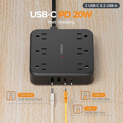 TESSAN 10Ft Black Extension Cord with Multiple Outlets, Flat Plug Surge Protector Power Strip with 6 Outlets and 4 USB Ports (2 USB C), PD 20W Fast Charger, 2100J Protection, for Home, Office, Dorm