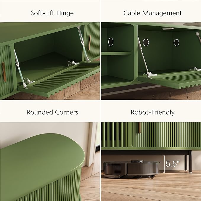 POVISON Fully-Assembled Modern Green TV Stand with Tambour Doors, Fluted TV Media Console for 100 Inch TVs, Sliding Door Entertainment Center with Storage for Living Room (Green, 118.11")