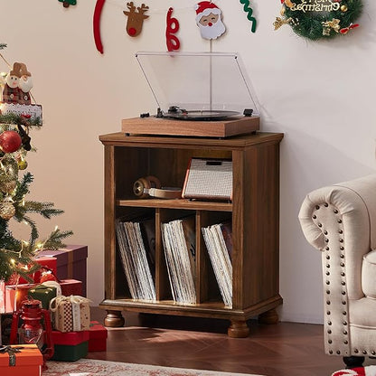 Joaxswe Record Player Stand with Vinyl Record Storage, 24" Wide Mid-Century Record Player Table Up to 200 Albums,Large Wood Turntable Stand Cabinet Dispaly Shelf for Living Room,Bedroom,Brown