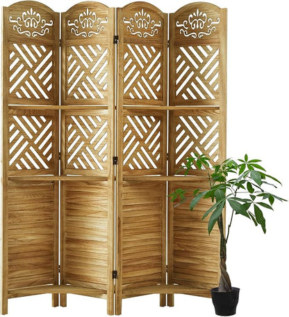 Svimi Room Divider with Shelves, 68.9inch Wood Carved and Louvered Wall Divider Freestanding, 4 Panels Folding Partition Screen for Bedroom Home Office (Natural)