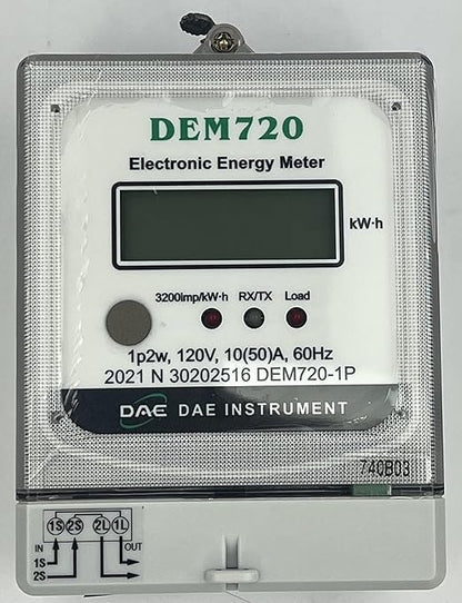 DAE DEM720-1P Electric kWh Submeter, RS485, 1P2W(1 Hot wire, 1 Neutral), 120v, 50A, Internal CT