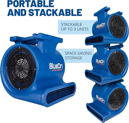 BlueDri Super Monsoon 1 HP, 4050 CFM Air Mover Blower Fan for Water Damage Restoration Carpet Dryer Floor Home and Plumbing Use, Blue, BD-SMNSN