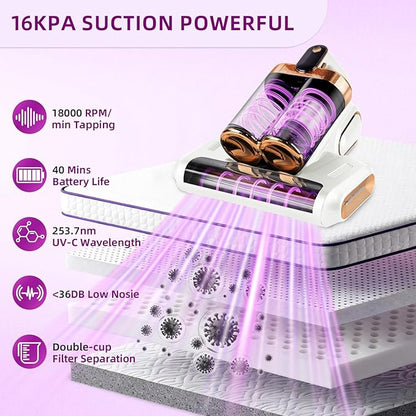 BESTING Mattress Vacuum Cordless with 16Kpa Suction & HEPA Dust Cups, 253.7nm UV-C Light & Ultrasonic, Low Noise Widened Suction Port Handheld Vacuum for Bed Pillows Couch Car Seat Rugs, Pearl White