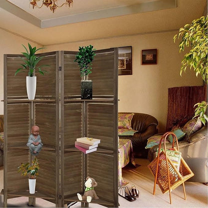 4 Panel Room Divider with Shelves, Room Dividers and Folding Privacy Screens, Folding Room Dividers 4 Panel, Wood Room Divider with 3 Display Shelves for Home Office (Brown)