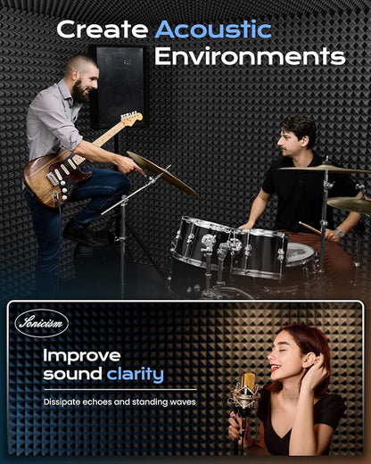 Sonicism Soundproof Wall Panels Self-Adhesive 36 Pack Pyramid 2" X 12" X 12" Sound Proof Foam Panels for Walls High Density Acoustic Foam Panels Fast Expand,Sound Absorption&Decoration(Black)