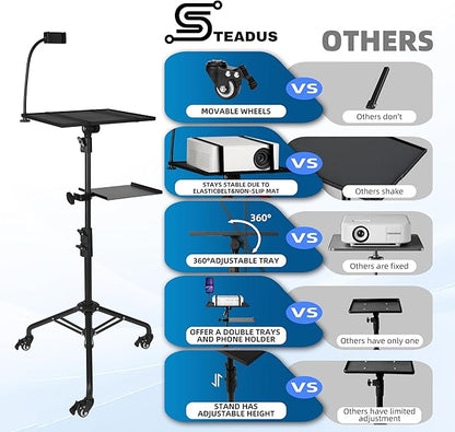 STEADUS Projector Stand Tripod – 24 to 59 Inch Adjustable Height – Dual Shelves Laptop Tripod Stand with Moveable Wheels and Phone Holder, Portable Laptop Stand for Office, Stage & Outdoor Use