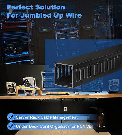 ZhiYo 2x2in Cable Raceway, 6.6ft (2xL3.3ft) Server Rack Cable Management Under Desk Cord Organizer, Electrical Safe PVC Cable Channel Open Slot Wire Raceway for Network/PC/TVs, Wire Duct Black