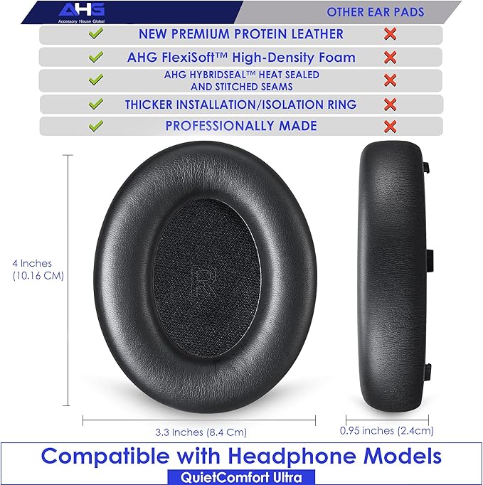 QC Ultra Replacement Ear pad and Headband Pad Kit Cushion Compatible with Bose QuietComfort Ultra Wireless Headphones (Black). Easy DIY Installation + Great Comfort
