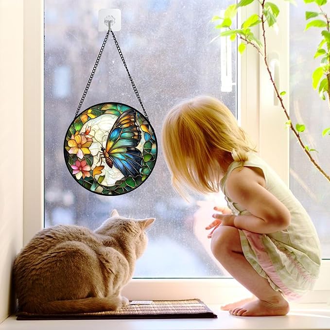 DASTOLL Stained Glass Window Hanging, Butterfly Flower Sun Catchers Diamond Glass Panel Hangings Insect Suncatcher Decor for Birthday for Women, Men, Wife, Aunt, and Mom 6.3 in