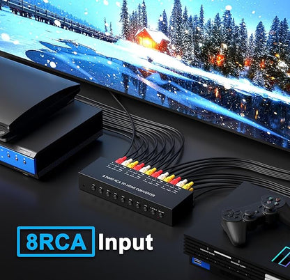 RuiPuo 8Port AV to HDMI Converter Adapter Support 16:9/4:3 Switch for Wii/N64/PS1/PS2/PS3/VHS/VCR/DVD Players etc (8Port RCA in to 1 HDMI Converter with IR Remote)