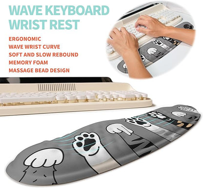 KUOSGM 2-in-1 Ergonomic Set, Wave Rise Keyboard Wrist Rest and Massage Bulge Slope Mouse Pad Wrist Support, Cushion Memory Foam Integrated to Relieve Wrist Pain, Cute Cat Paws
