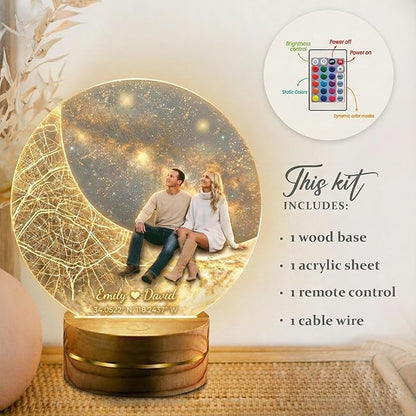 MamaEra Valentine’s Day Gift 2026 - Personalized Map Night Light with Photo & Coordinates – Custom Acrylic Moon Lamp with Wooden Base, Remote Control – Romantic Gift for Couples, Anniversary