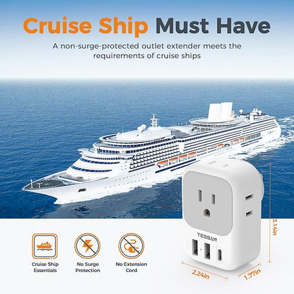 USB Wall Charger, Wall Plug Adapter Outlet Extender, TESSAN 3 Charger Block (1 USB C Port), Multi Charging Station for Cruise, Bathroom, Office, Dorm Essentials