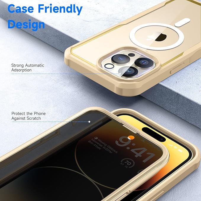 seacosmo for iPhone 14 Pro Max Case, Full Body Bumper with Built-in 9H Tempered Glass Privacy Screen Protector and Camera Lens Protector, Compatible with MagSafe, Shockproof Phone Case, 6.7", Gold