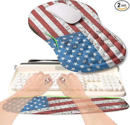 KUOSGM 2-in-1 Ergonomic Set, Wave Rise Keyboard Wrist Rest and Massage Bulge Slope Mouse Pad Wrist Support, Cushion Memory Foam Integrated to Relieve Wrist Pain, American Flag