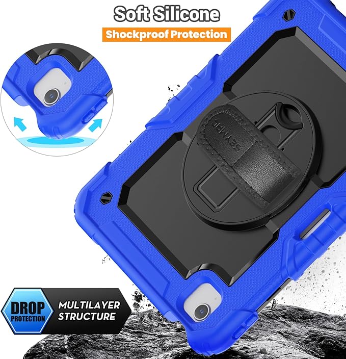 SEYMAC for iPad Air 5th/ 4th Generation Case 10.9 Inch, Full-Body Shockproof Protective Case with Screen Protector, Rotating Stand/Handle/Shoulder Strap/Pencil Holder for iPad Air 5/ Air 4, Blue