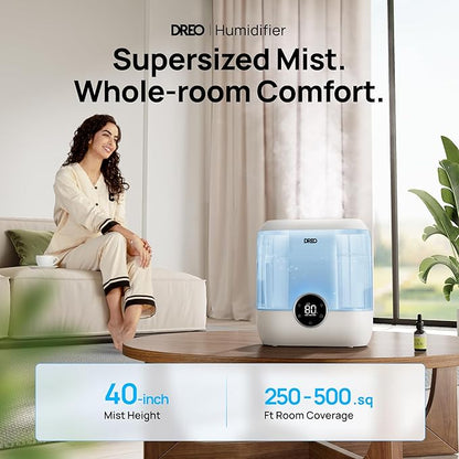 DREO 6L Top Fill Humidifiers for Bedroom, 60H Runtime 28 dB Quiet Supersized Cool Mist Air Humidifiers for Large Room, Baby Nursery, Plant, Indoor, Night Light, Easy to Clean, Precise Humidity Control