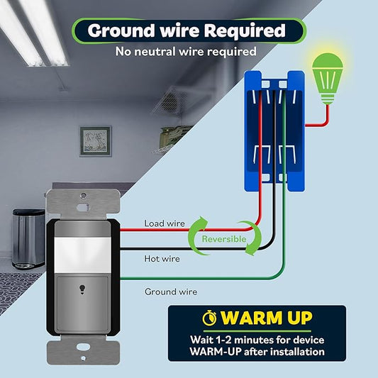 TOPGREENER PIR Passive Infrared Motion Sensor Switch, Ambient Light Level Detector, No Neutral Required, 150W LED/CFL, Occupancy Vacancy Modes, Ground Wire Required, Single Pole, TDOS5-JM, Gray