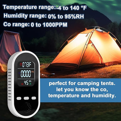 Vzmcov Portable Carbon Monoxide Detector Mini air Quality Monitor with Lanyard Alarm, CO Gas/Humidity Sensor/Indoor/Outdoor Thermometer, Battery Powered LED Screen