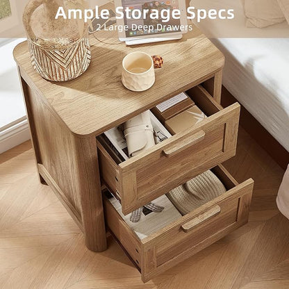 Joaxswe Farmhouse Nightstand with Charging Station, End Tables Bedroom with 2 Large Drawers & 4 Thickened Table Legs, Dark Wood