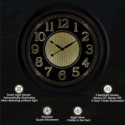 Koosome 18 Inch Lighted Wall Clock Outdoor Clocks with Smart Light Sensor Battery Operated Wall Clocks with Night Light, Waterproof Wall Clock for Patio, Garden, Porch, Living Room, Home, Office