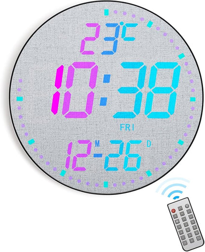 GLOKUUCA 12" Large Digital Wall Mount Clock, Count Down Timer, Alarm, Big LED, 12 RGB Color, Temperature for Living Room Classroom Desk, Xmas, Birthday Gift for Senior Mom (Fabric Elements)