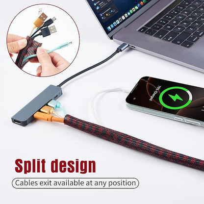 QCSIW Split Cable Sleeve, 25ft x 1 inch Black Red Braided Wire Loom for Home Cable Management, Pet Chew Protection and DIY Cord Organizer for Desk and Home Theater