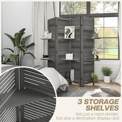 HOMCOM Room Divider, 4 Panel 67" Tall Wood Privacy Screen with 3 Display Shelves, and Folding Storage for Bedroom or Home Office, Gray