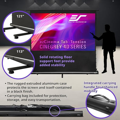 Elite Screens ezCinema Tab-Tension CineGrey 4D, 121-inch 16:9, Manual Floor Pull Up ISF Ceiling Ambient Light Rejecting, Portable Home Office Classroom Projector Screen with Carrying Bag, FT121UH-C4D