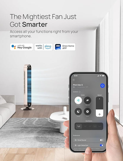 Dreo Smart Tower Fan Voice Control, 120° Oscillating Fan Works with Alexa/Google/App/Remote, 42 Inch, 25dB Quiet DC Bladeless Fan for Bedroom,12 Speeds, Floor Fan for Home, Office, Pilot Max S