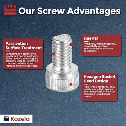 Kozelo 20pcs Socket Head Cap Screws - [M6-1 x 10mm] 304 Stainless Steel Allen Socket Drive for Electrical Motor 3D Printing Fan Engine Replacement Use, Silver