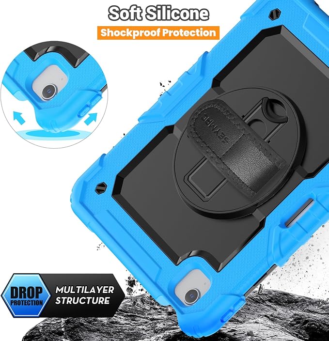 SEYMAC for iPad Air 5th/ 4th Generation Case 10.9", Full-Body Shockproof Protective Case with Screen Protector, Rotating Stand/Handle/Shoulder Strap/Pencil Holder for iPad Air 5/ Air 4, Sky Blue