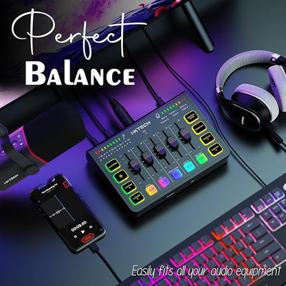 IXTECH Gaming Audio Mixer 4 Channel Soundboard, Streaming RGB PC Audio Interface with XLR Microphone Support, Audio Equalizer for Gaming Podcast Streaming Karaoke, Individual Volume Controls (Black)