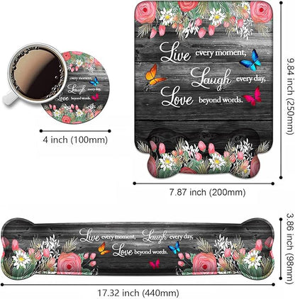 Keyboard Wrist Rest + Mouse Pad Wrist Support Set with Coasters, Non-Slip PU Base Ergonomic Mousepad for Home Office Working Studying Easy Typing & Pain Relief, Floral Quote Live Laugh Love