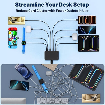 200W USB C Charging Station,8-Port GaN USB C Charger Block,PD 65W Desktop Charger, Power Strip Adapter Compatible with iPhone 17/16/ 15/14,MacBook Air/Pro,DELL,for iPad Pro,Galaxy and More,Black