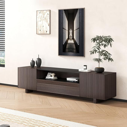 Epecoya TV Stand with Storage Cabinets for Living Room, Modern Wood Fluted TVs Media Console for 55/60/65 Inch TVs, Mid Century Television Stands with Drawer and Open Shelve for Bedroom, Dark Walnut
