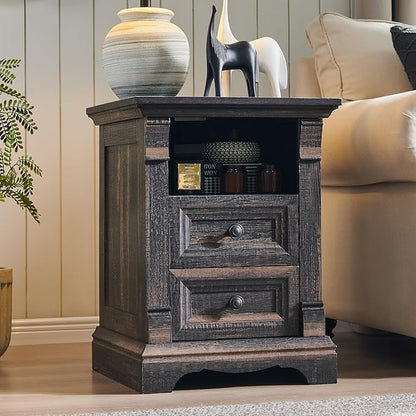 T4TREAM Farmhouse Nightstand Set of 2, 18" Sofa Side Table with Charging Station, Wood End Table w/Roman Column, Bedside Cabinet for Bedroom, Living Room, Dark Rustic Oak