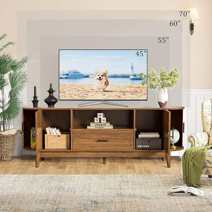 Mxtxmy 63" Fluted TV Stand for Tvs up to 70", Mid-Century Modern Entertainment Center with Drawers and Fluted Doors, Curved TV Media Console Table with Sliding Doors for Living Room, Bedroom (63")