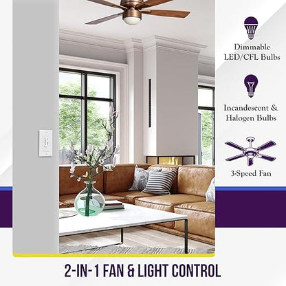 ENERLITES 3 Speed Ceiling Fan Control and LED Dimmer Light Switch, 2.5A Single Pole Light Fan Switch, 300W Incandescent Load, No Neutral Wire Required, 17001-F3-W, White