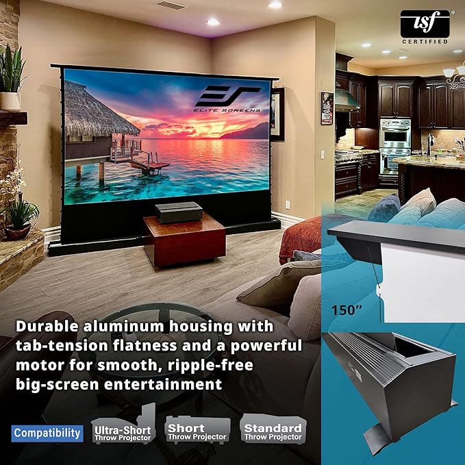 Elite Screens Kestrel Tab-Tension 3 CineWhite, 150 inch 16:9 Aspect Ratio, ISF Certified, Electric Floor-Rising Motorized Tab-Tensioned Front Projector Screen, Programmed Remote Kit, FTE150H3