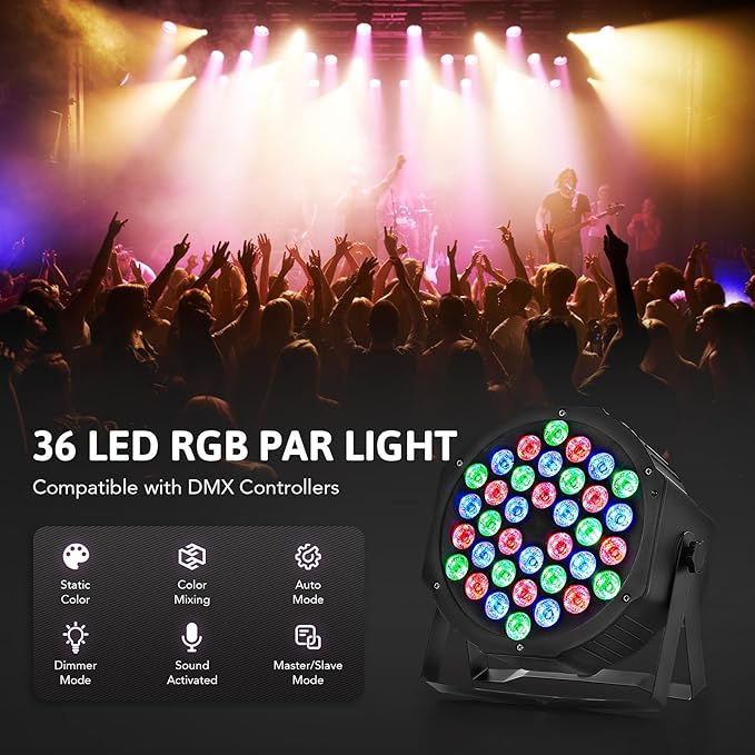 CO-Z Stage Lights 36 RGB LED Par Lights with Sound Activated Remote Control DJ Uplighting for Event Wedding Christmas Halloween Party Club Music Stage Lighting, 2 Pack