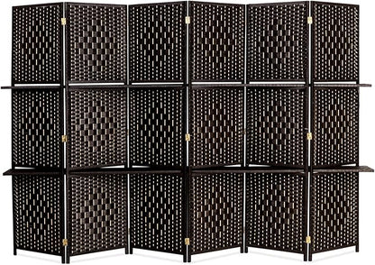 Bonnlo Upgraded Heavy Duty 6FT Tall Rattan Room Divider Screens with Partition Wall 2 Display Shelves, Indoor Folding Screen Dual-Sided Hinges for Home Office (6 Panels)