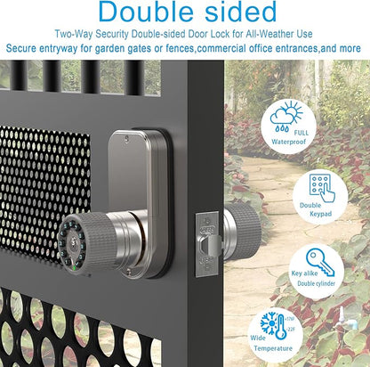 Double Sided Keypad Door Knob with Dual Cylinders and Key Alike, iuknob Keyless Entry Smart Door Lock for Entrance, Fence, Gate, Swimming Pool,Waterproof and Weatherproof for Outdoor & Interior Door.