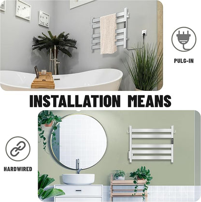 K&KALONZO Towel Warmer for Bathroom, Wall-Mounted 5-Bar Heated Towel Rack with Built-in Timer, Waterproof Electric Towel Heater, Support Plug-in and Hardwired, Polished, EL18S