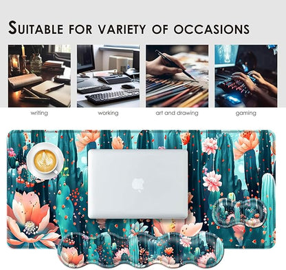 BFUKVOU Large Keyboard Mouse Pad Set, Extended Mouse Pad+Keyboard Wrist Rest Support, Memory Foam Ergonomic Easy Typing, 4Pcs (31.5×11.8 in) Desk Pad Set for Office Home,Cute Cactus Blooming Flowers