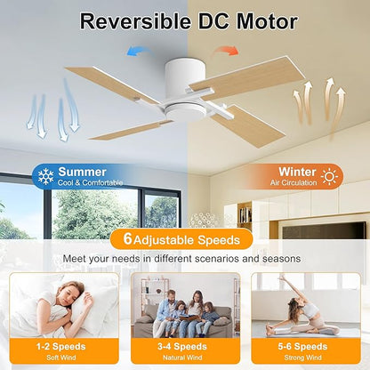 WINGBO 48 Inch Flush Mount Ceiling Fan without Light - 4 Plywood Blades, 6-Speed Reversible DC Motor, Noiseless Low Profile Ceiling Fan No Light for Bedroom Living Room, White and Oak/White