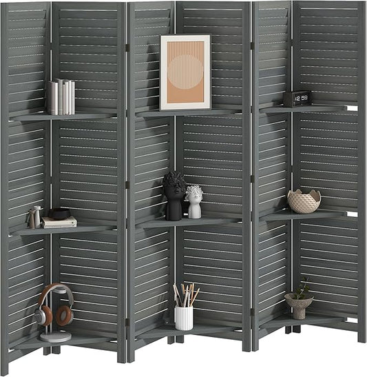 HOMCOM Room Divider, 6 Panel 67" Tall Wood Privacy Screen with 3 Display Shelves, and Folding Storage for Bedroom or Home Office, Gray