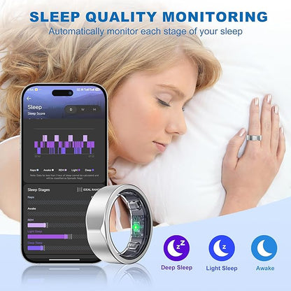 SEEKZERO Smart Ring for Women Men, Titanium Fitness Ring with Heart Rate, Stress & Sleep Monitoring,Step & Calorie Counter, 5ATM Waterproof for iPhone and Android,No Subscription Fee(Silver, 12)